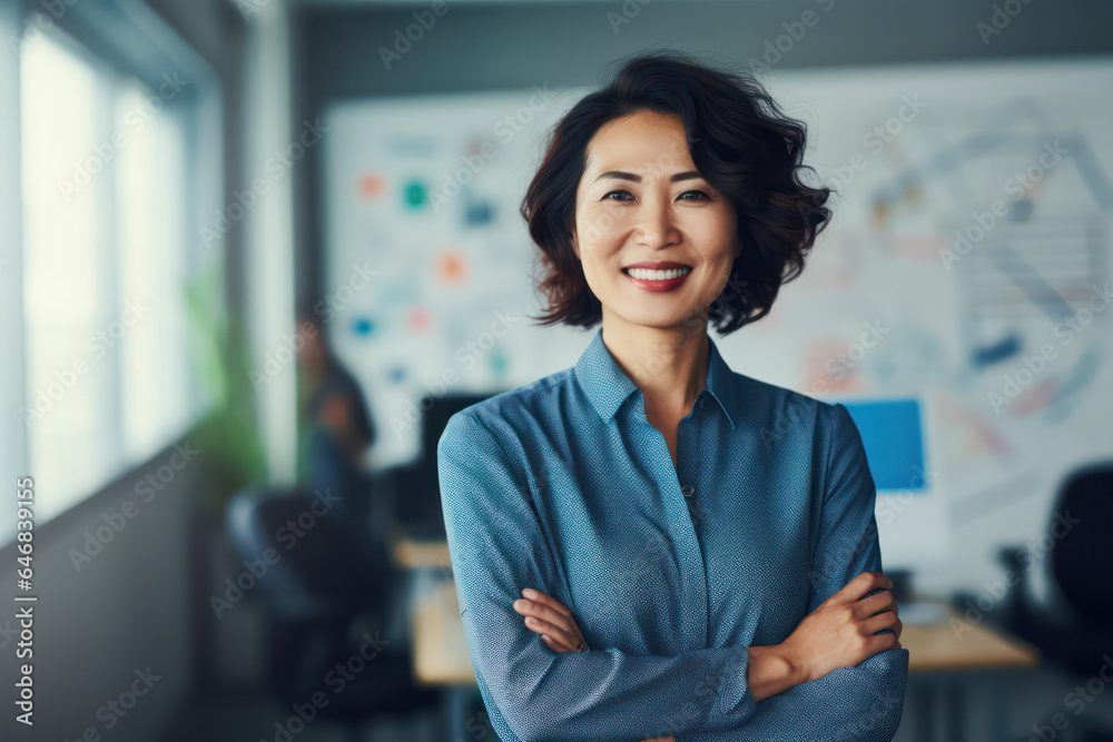 Radiant in the Workplace: Casual, Happy Middle-Age Asian Woman Brings Positivity to the Office Environment Radiant in the Workplace: Casual, Happy Middle-Age Asian Woman Brings Positivity to the Office Environment
