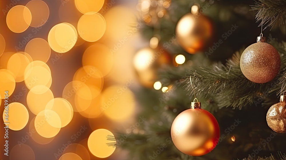 Image of Horizontal wallpaper close-up photo of christmas decorations on the Christmas tree