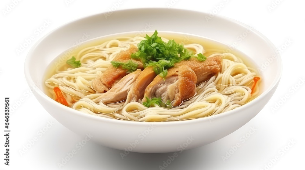 Image of a bowl of chicken noodle soup isolated on white background