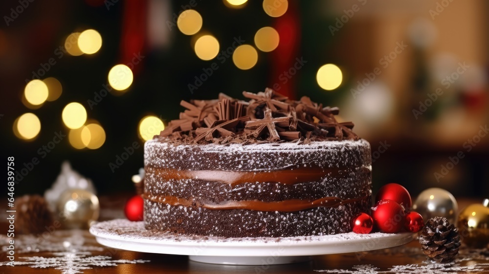 Image of chocolate christmas cake for party with fondant on the wooden table Image of chocolate christmas cake for party with fondant on the wooden table