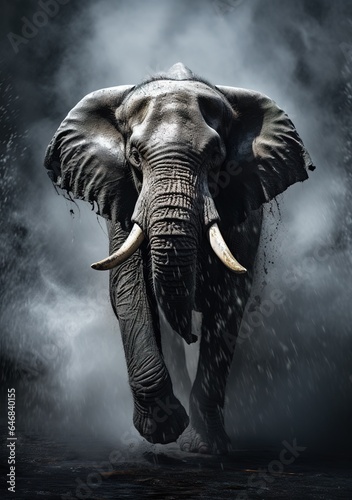 a powerful elephant on a gray natural background walks forward