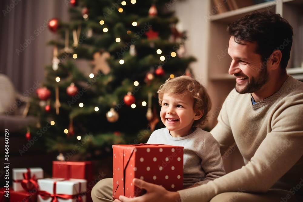 Toddler boy and father, at Christmas in living room with Christmas presents and tree, empty copy space Generative AI Toddler boy and father, at Christmas in living room with Christmas presents and tree, empty copy space Generative AI