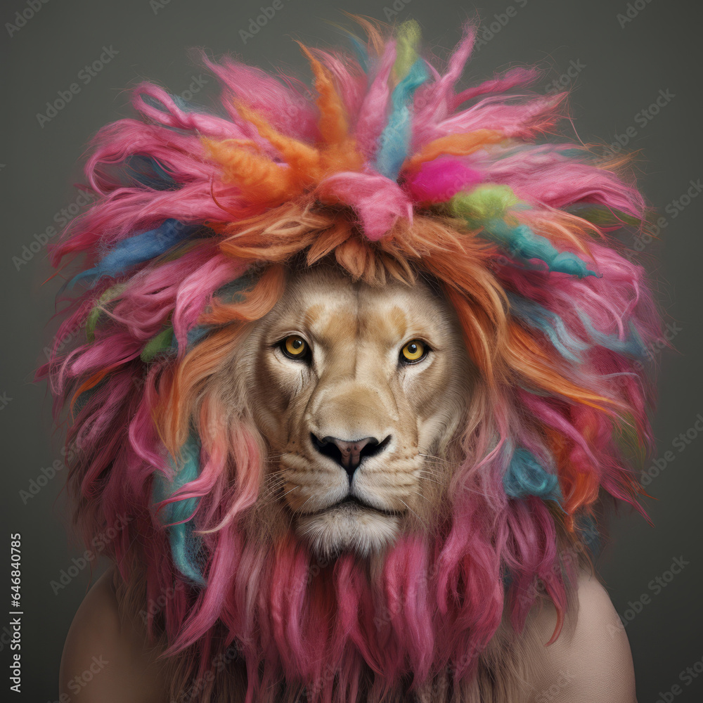 Lion with colorful hair on dark background. Creative marketing campaign concept