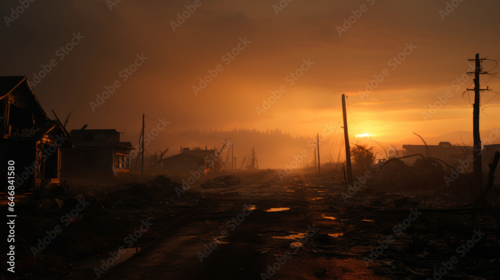 Sunrise on misty morning. Town destroyed by fire. Sunrise on misty morning. Town destroyed by fire.
