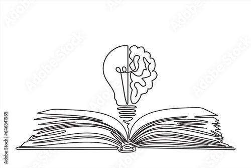 One single line drawing of shining light bulb with human brain above open text book logo identity. continuous line draw design graphic vector illustration