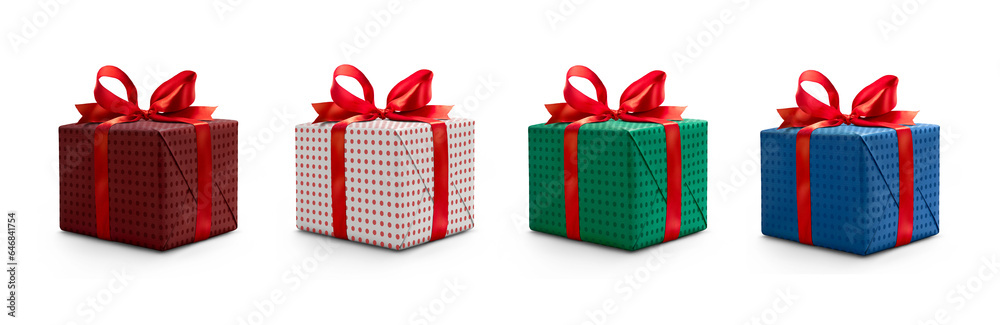 A collection of red, blue and green gift wrapped Christmas, birthday or valentines presents with red ribbon bows isolated against a transparent background.