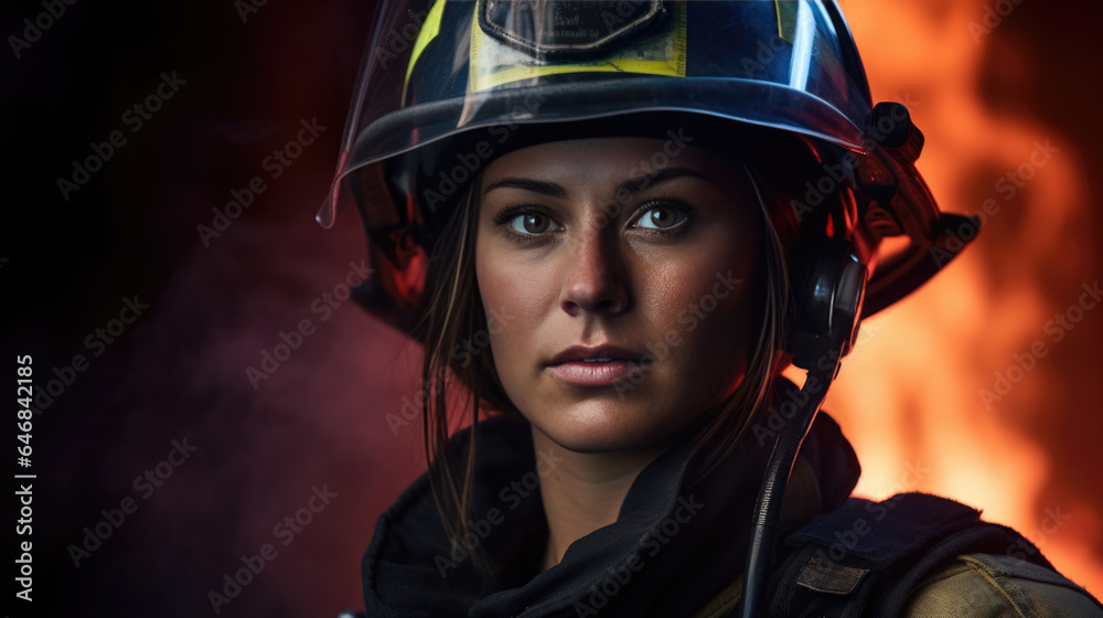 Portrait of a female firefighter in equipment against the background of a fire Portrait of a female firefighter in equipment against the background of a fire