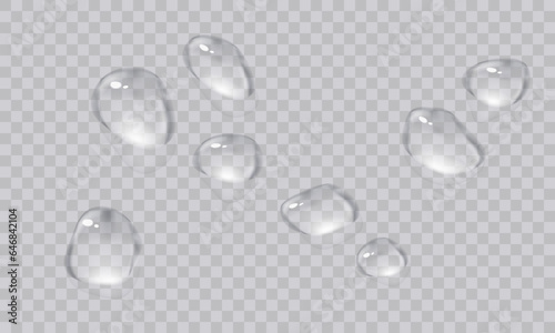 Vector water droplets. PNG droplets  condensation on glass  on various surfaces. Realistic droplets on a transparent isolated background. PNG.