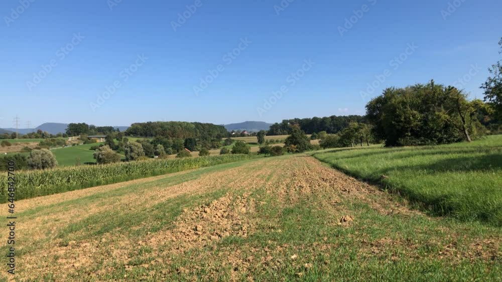panoramic view in Baden-Wuerttemberg, Germany with fields, highway B10 and the emperor hill Hohenstaufen panoramic view in Baden-Wuerttemberg, Germany with fields, highway B10 and the emperor hill Hohenstaufen
