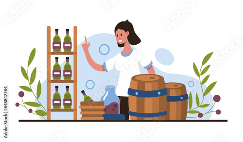 Smiling lady working in bar, testing different wine production. Time for winemaking process with organic grapes. Vector flat illustration in cartoon style in blue and brown colors
