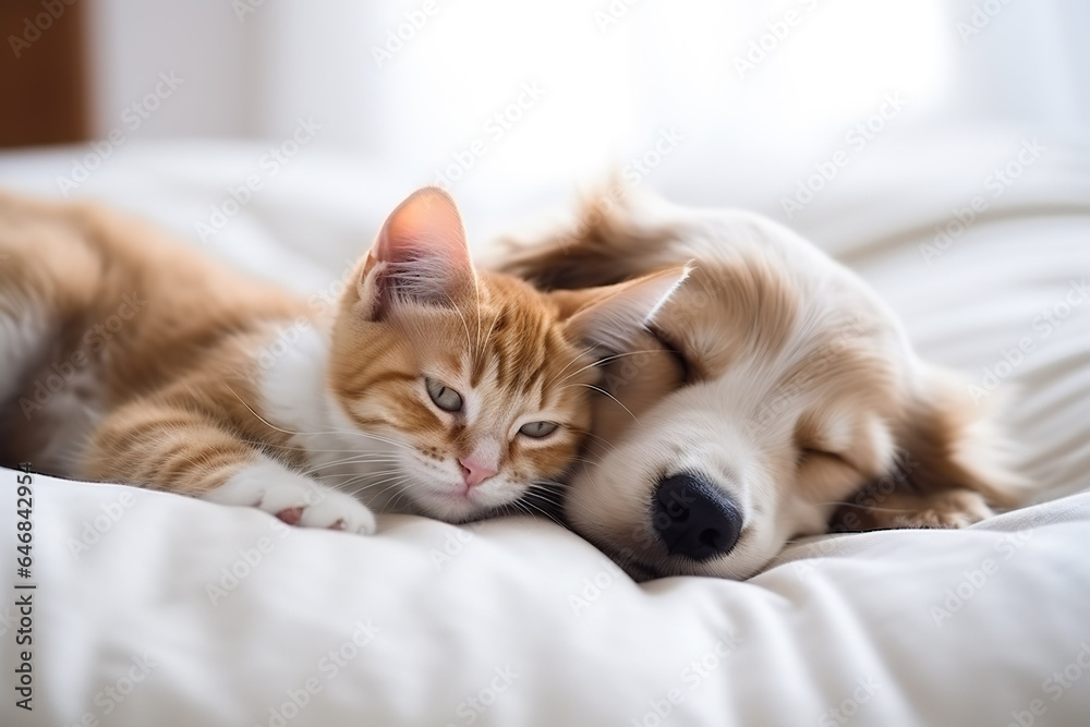 Cat and dog sleeping on the bed. Cat and dog sleeping on the bed.