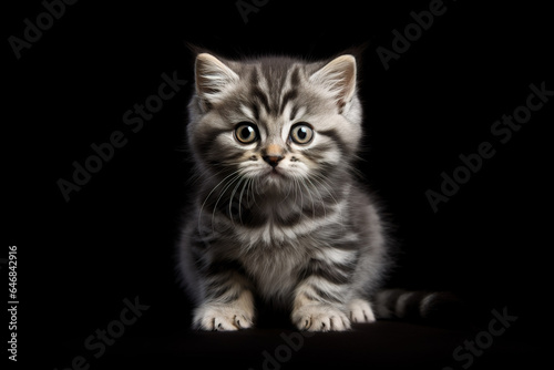 A young cat sitting on black background. 