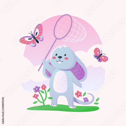 Cute mouse catches butterfly on the meadow.