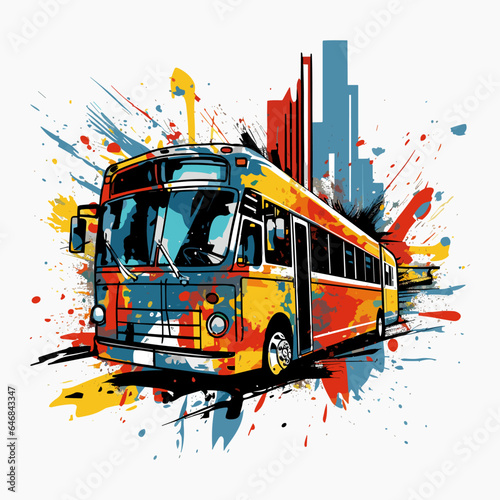 Abstract graffiti illustration of yellow bus on city street background. Color vector isolated on white background.