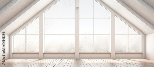 A mock-up representing an unfurnished room with white walls  wooden floor  ceiling  and a large window  demonstrating real estate and advertising.