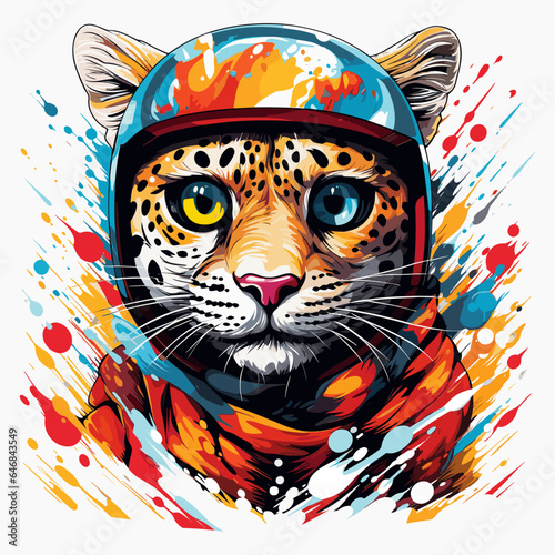 Portrait of a cheetah wearing a motorcycle helmet and scarf in abstract graffiti style. Colorful vector illustration with paint splatters and splatters, isolated.