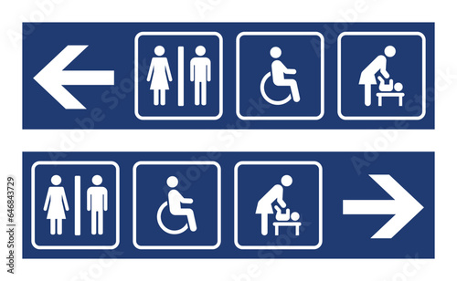WC signs with arrows. Man, woman, disabled person and baby vector gender icons. Direction of movement to the restroom for public places and establishments.