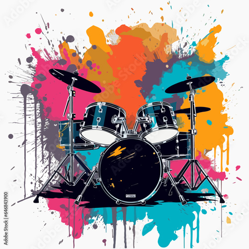 Drum kit with colorful paint splashes and splatters on white background. Abstract vector illustration in graffiti style, isolated.