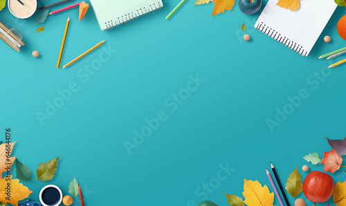 Stationary school equipment background design view on top  with stationary devices  paper background  blank space