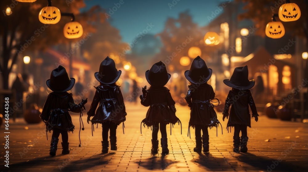 children walk around the city on Halloween