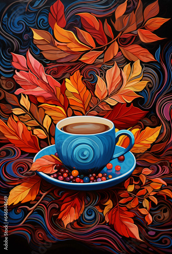 Bright multicolored illustration of a mug of hot tea and autumn leaves on dark background  quilling technique. Colourful posters and invitations  coffe shops  cards and more.
