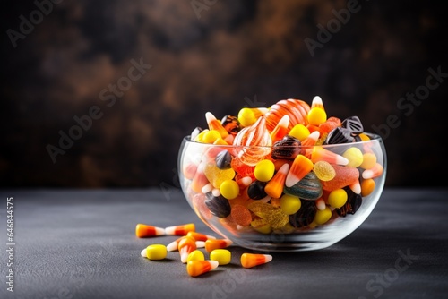 Bowl with halloween sweet candies wallpaper. AI generated
