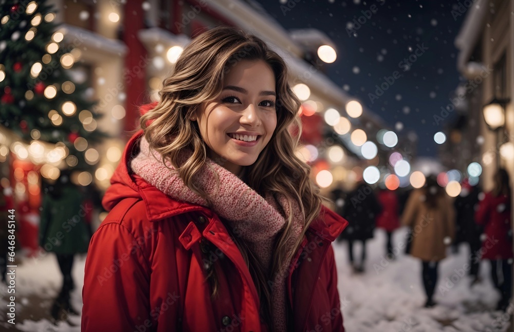 Happy young woman in a snowy night, red coat, with christmas tree Happy young woman in a snowy night, red coat, with christmas tree