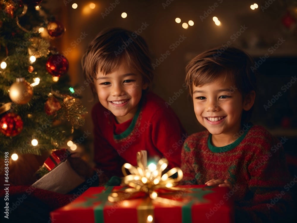 Merry Christmas! happy children with magic gift at home Merry Christmas! happy children with magic gift at home