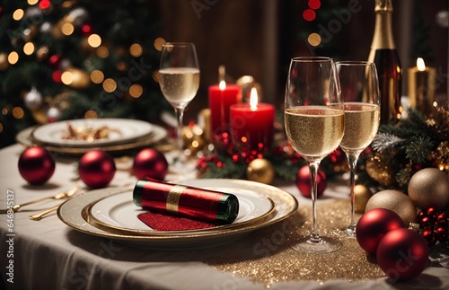 christmas eve party table with champagne flute with red and golden glitter