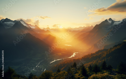 Sunrise on beautiful mountain peaks. Golden Hour. Landscape, travel hiking concept.