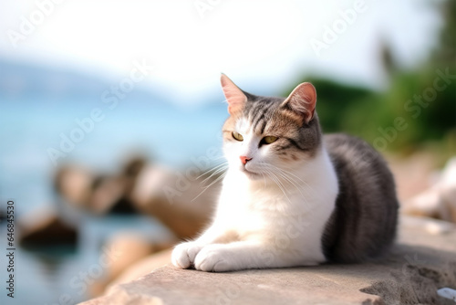 a fat cat is relaxing on the beach