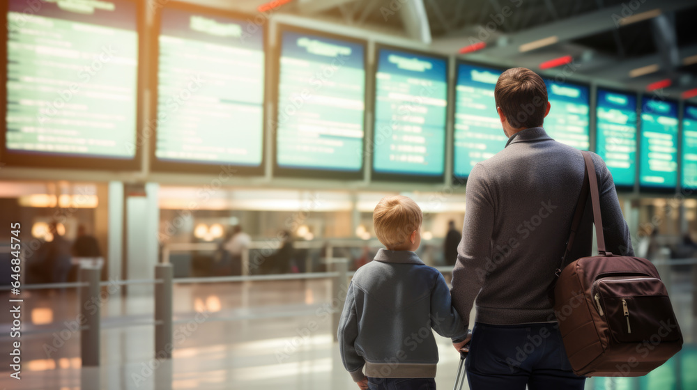 Father and child in airport looking to flight timetable Father and child in airport looking to flight timetable
