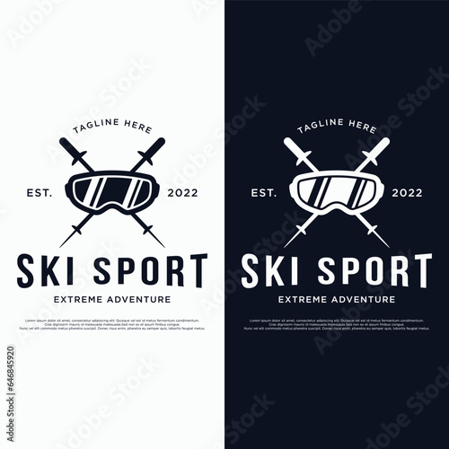 Retro ski sport template Logo element on vintage winter, with skis and mountain.Logo for ski sport, club, badge and label.