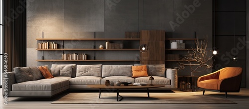 a modern living room with a sofa and furniture.