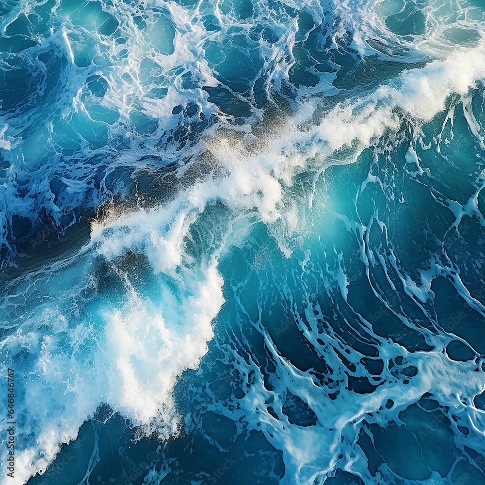 Spectacular aerial top view background photo of ocean sea water white wave splashing in the deep sea. Sea wave in bird eye waves. Made with generative ai