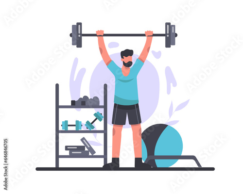 Young male lifting barbell. Active and strong male training in gym. Strong and resilient athlete. Flat vector illustration in cartoon style in blue colors