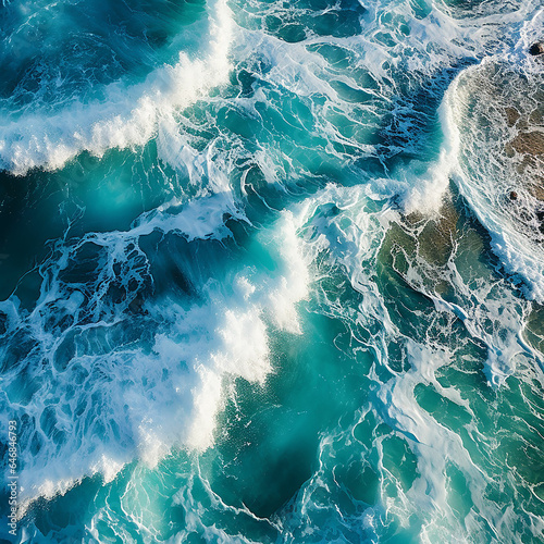 Spectacular aerial top view background photo of ocean sea water white wave splashing in the deep sea. Sea wave in bird eye waves. Made with generative ai