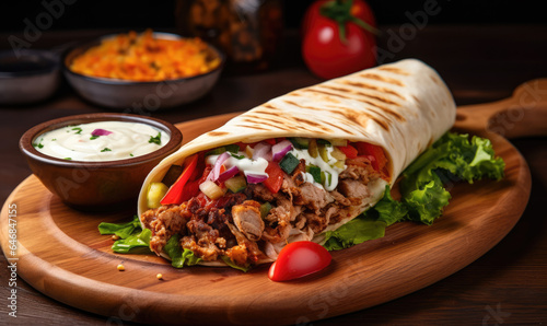 Delicious shawarma served on a wooden board in a rustic setting.