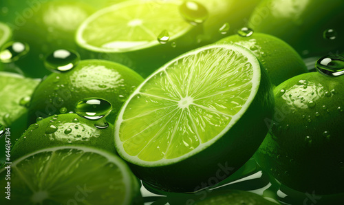 Close-up of vibrant lime slices adorned with water droplets