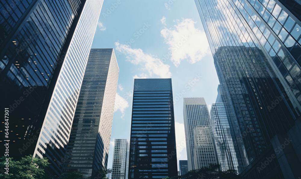 Top-down view of modern skyscrapers, captured on 35mm film. The urban landscape.