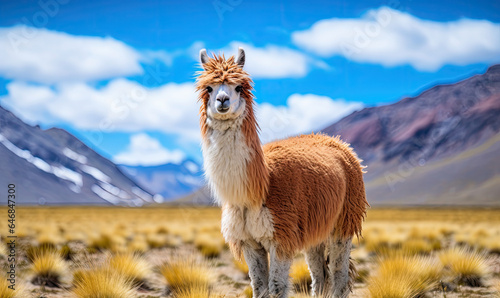 Close-up llama stands tall in a vast Bolivian field.