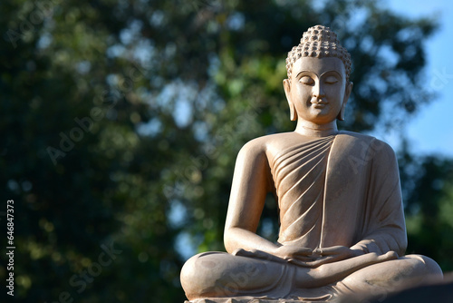 The face of the stone Buddha In the garden of a Buddhist temple