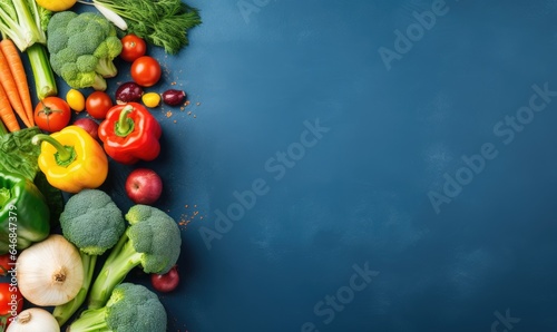 Top view vegetables on deep blue background.