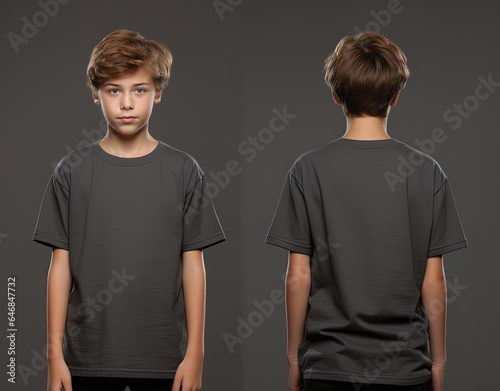 Front and back views of a little boy wearing a grey T-shirt