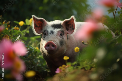 a pig is playing in the flower garden