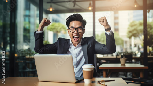 Businessman in the office joyfully raises his hands up celebrating victory and success in his work
