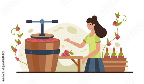 Woman showing wine making process. Extraction of grape juice from berries. Young people dealing with winemaking process. Vector flat illustration in cartoon style in blue and red colors