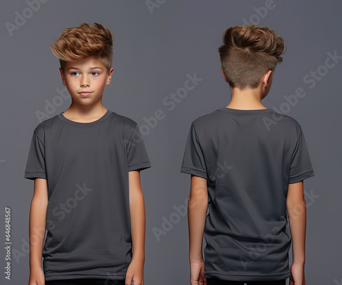 Front and back views of a little boy wearing a grey T-shirt