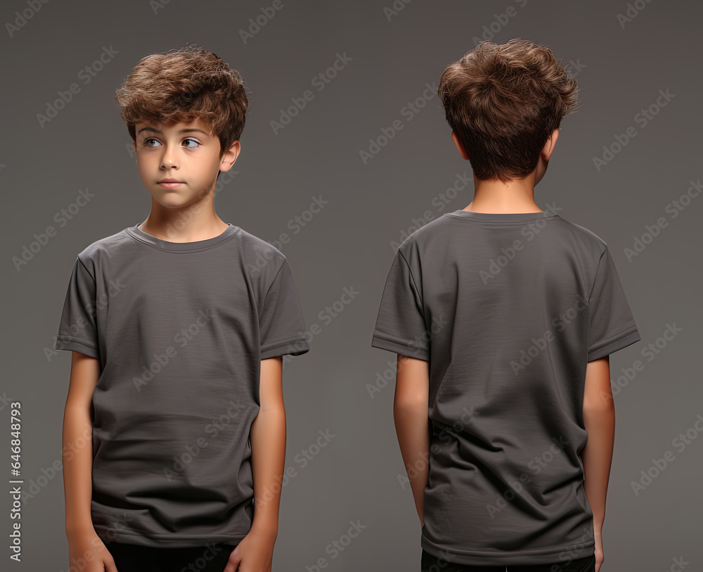Front and back views of a little boy wearing a grey T-shirt Front and back views of a little boy wearing a grey T-shirt