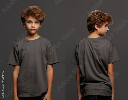 Front and back views of a little boy wearing a grey T-shirt